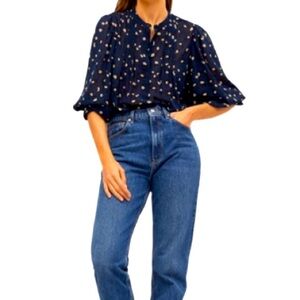 MANGO Polka Dot Printed  Blue Bottom Down LongSleeve Blouse Size L